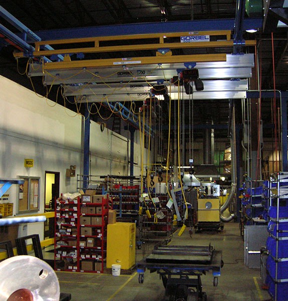 Free standing Gorbel crane system with multiple bridges